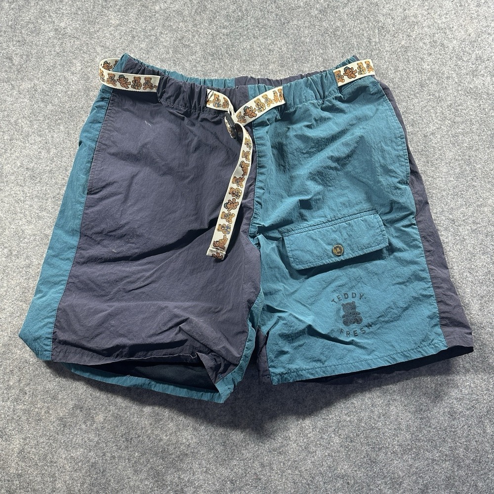 Teddy‎ Fresh Nylon Shorts Mens Medium Teal Navy Colorblock Bear Belt Utility